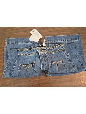 Zow Zow Women's Blue Denim Jeans with Gold Chain Detail Size M